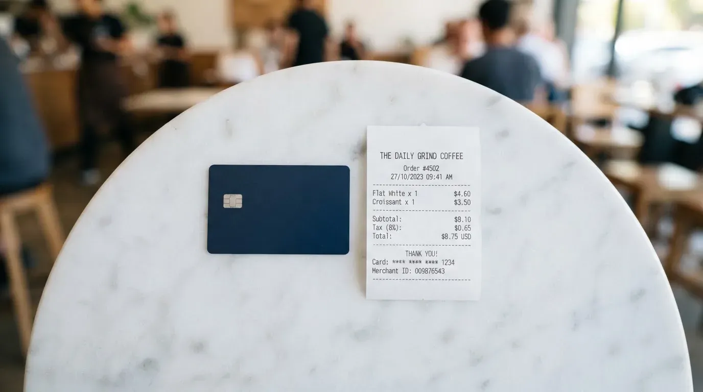 A receipt and a card on a café table