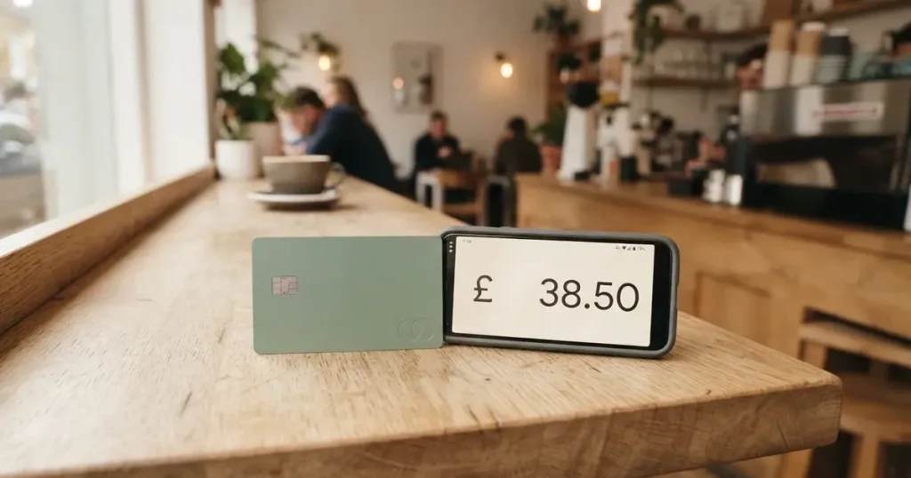 A payment card next to a phone with a crypto wallet app open