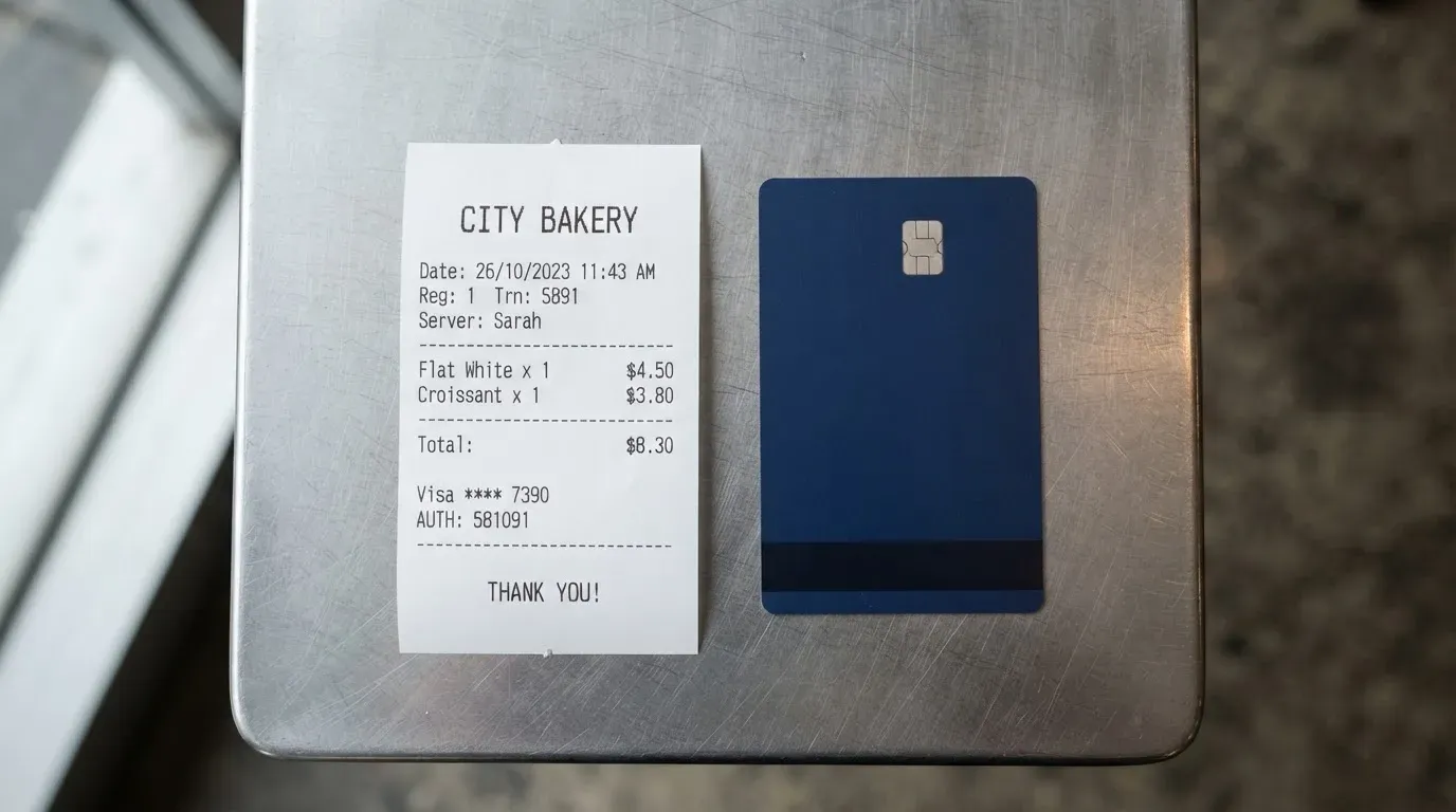 A receipt and a card on a café table