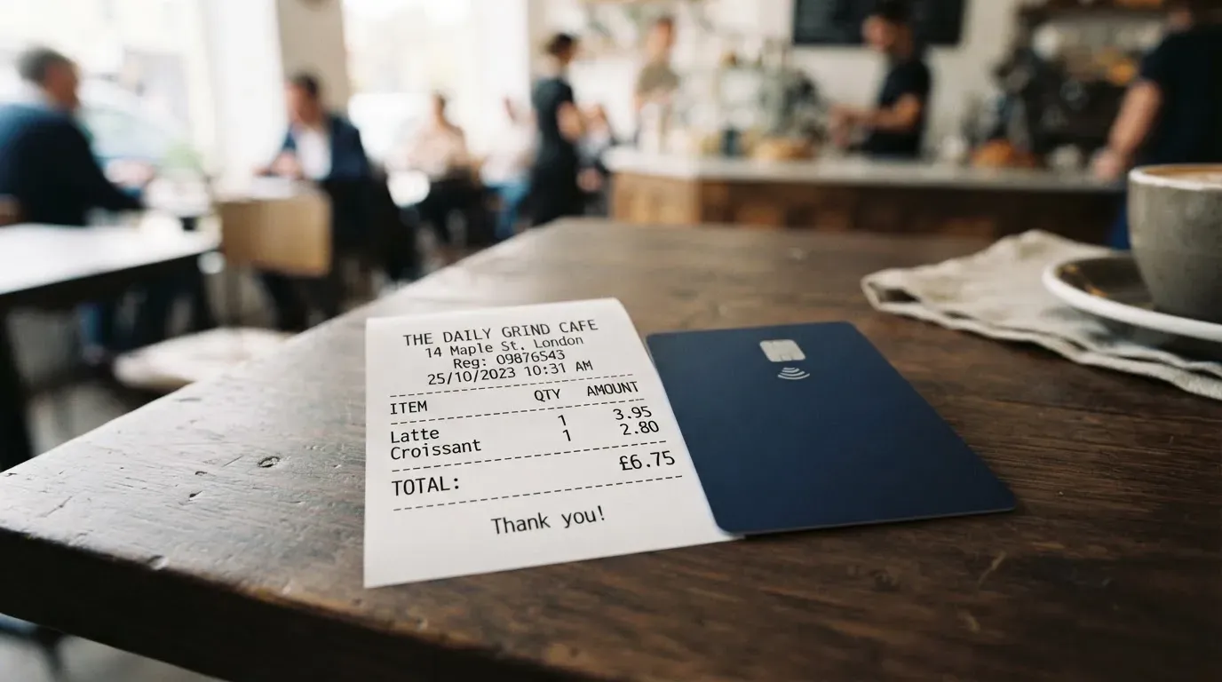 A receipt and a card on a café table