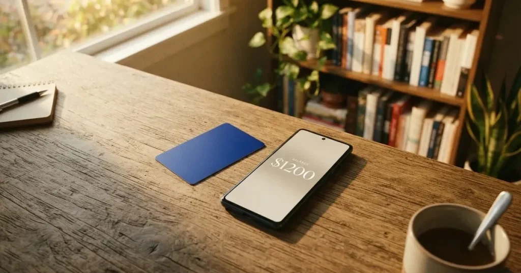 A payment card next to a phone with a crypto wallet app open