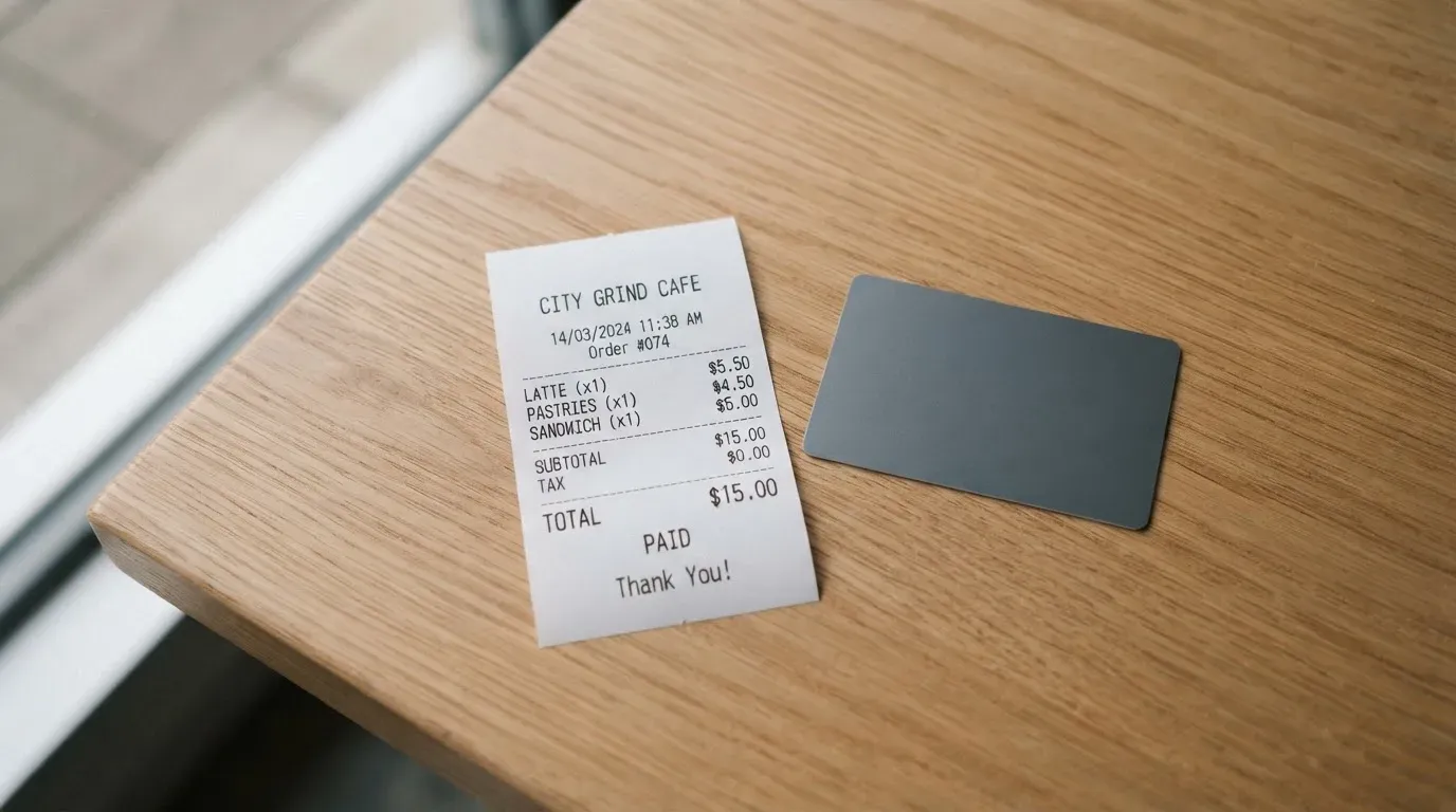 A receipt and a card on a café table