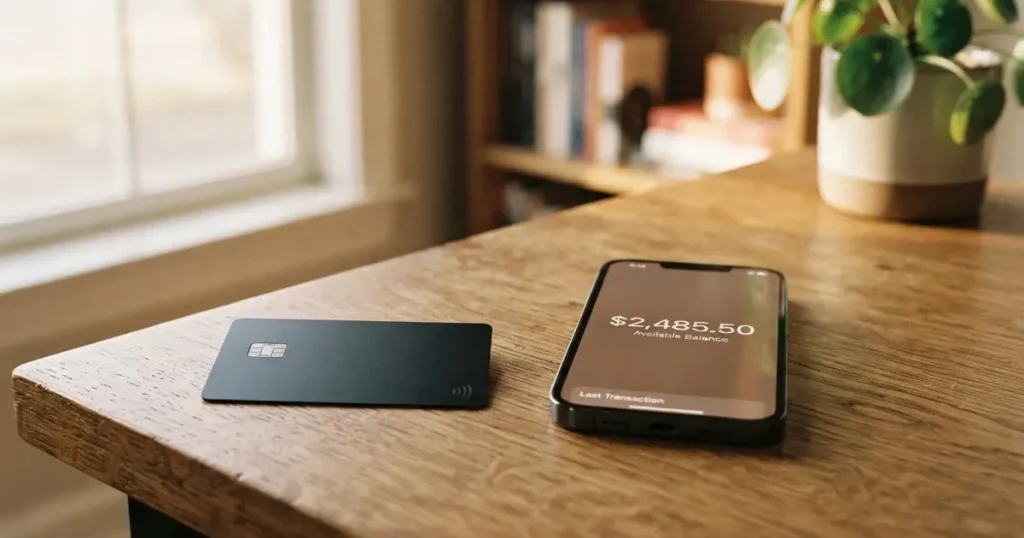 A payment card next to a phone with a crypto wallet app open