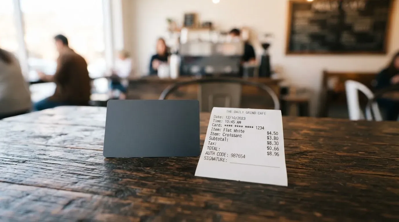 A receipt and a card on a café table