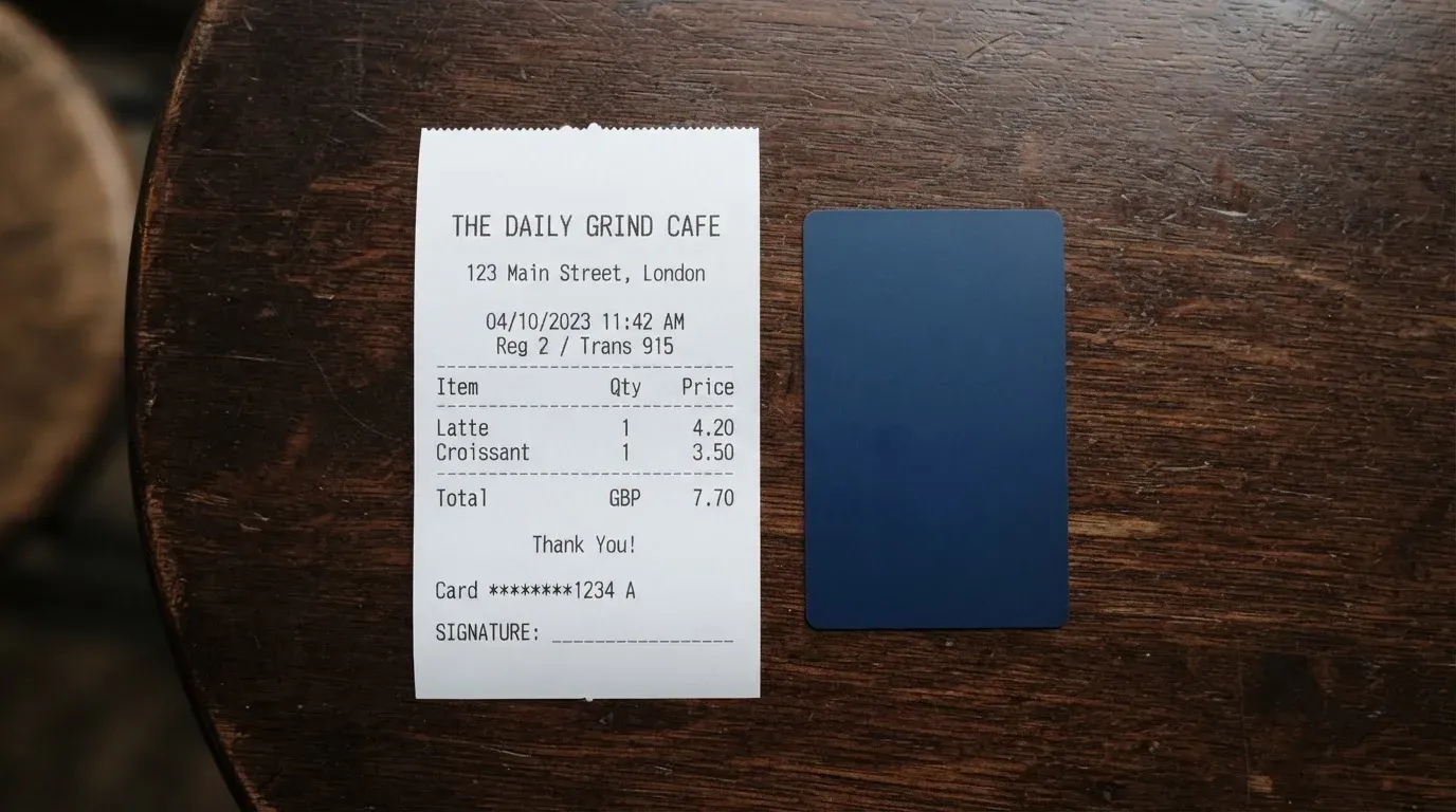 A receipt and a card on a café table