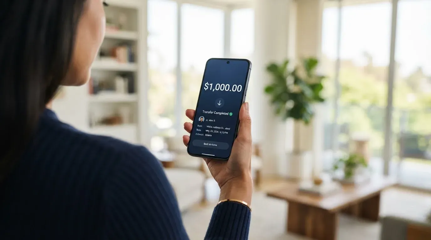 A phone showing a stablecoin transfer screen