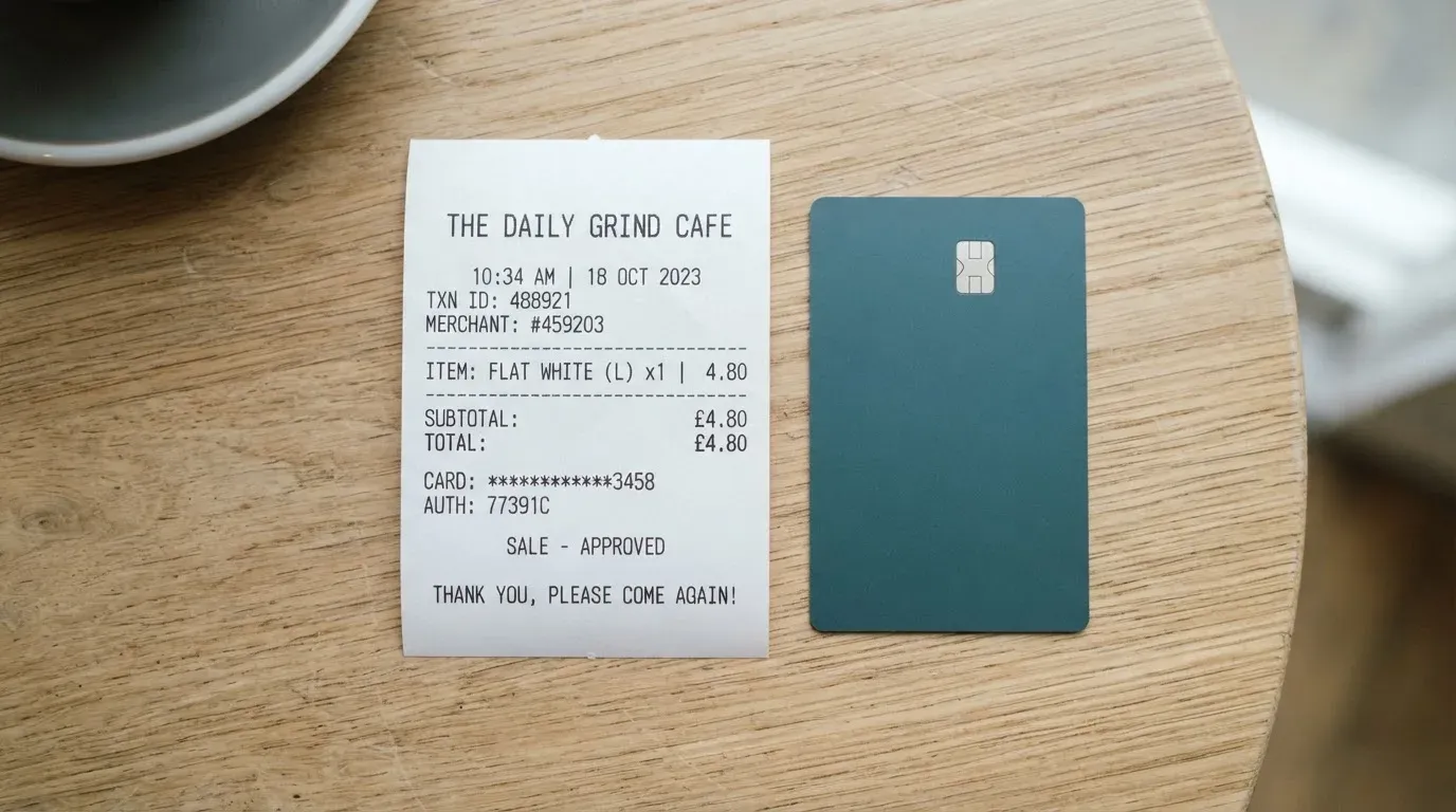 A receipt and a card on a café table
