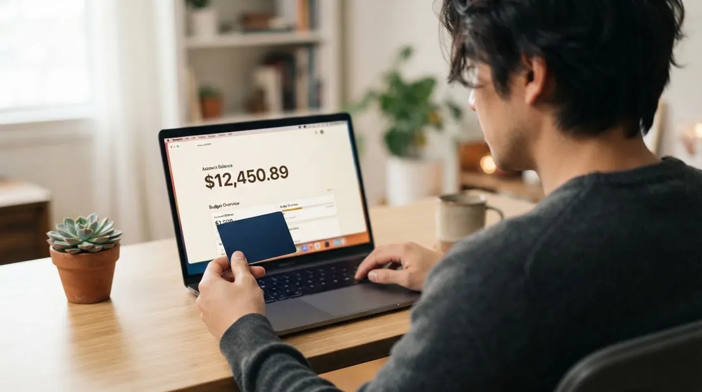 A person comparing two payment cards at a desk with a laptop