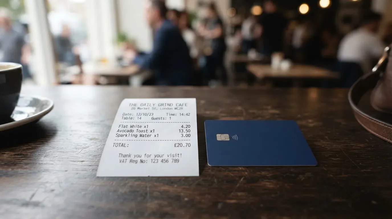A receipt and a card on a café table