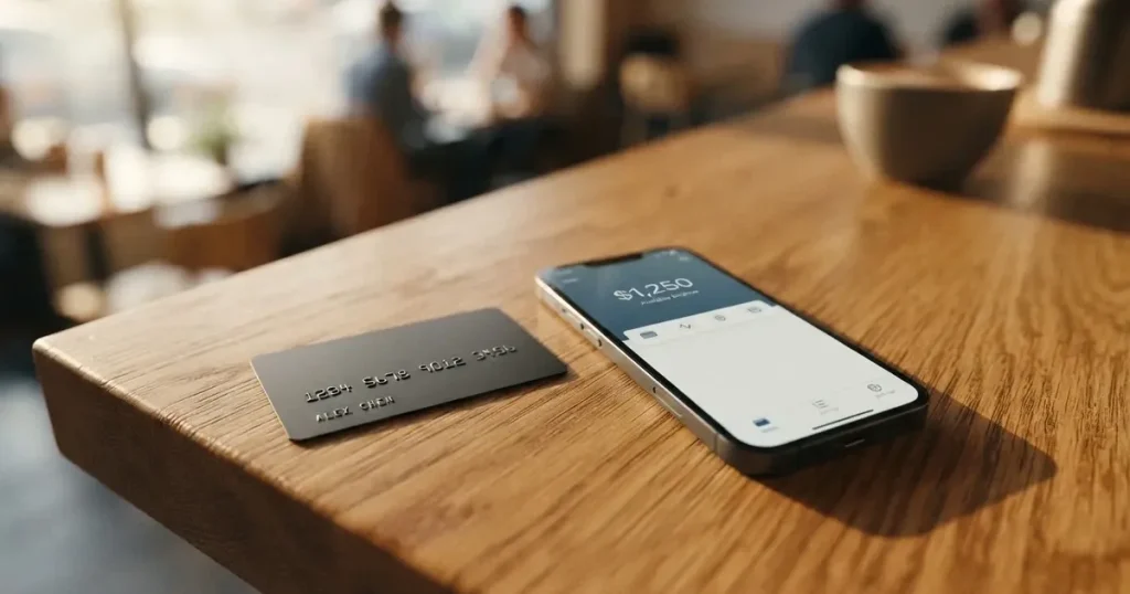 A payment card next to a phone with a crypto wallet app open