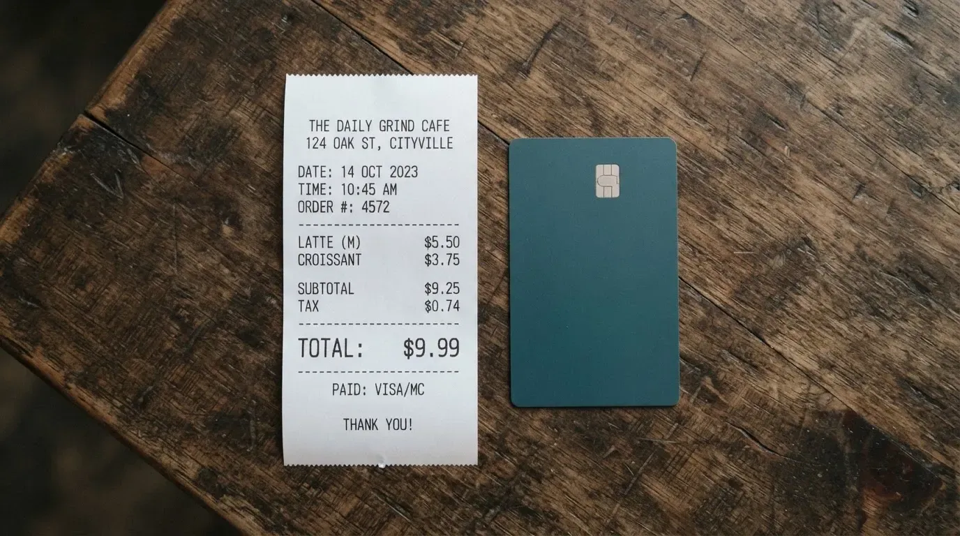 A receipt and a card on a café table