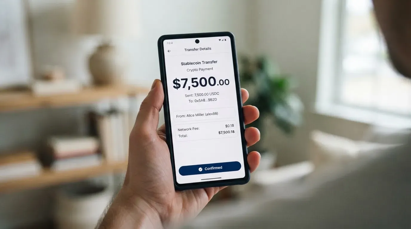 A phone showing a stablecoin transfer screen