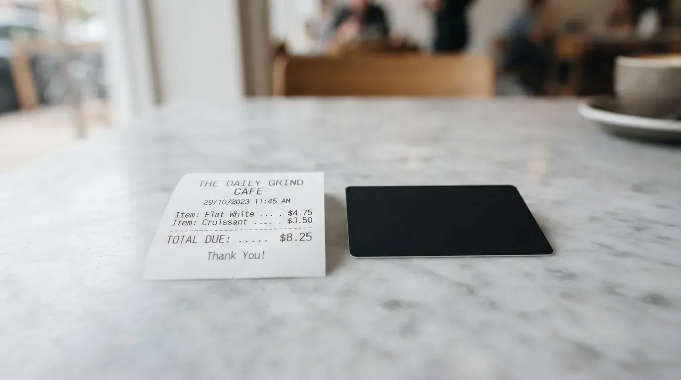 A receipt and a card on a café table