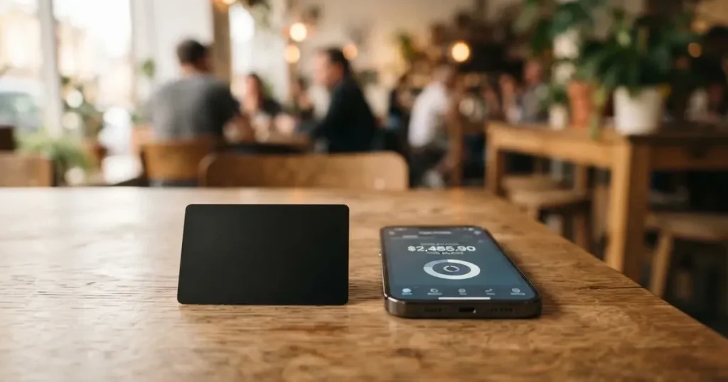 A payment card next to a phone with a crypto wallet app open