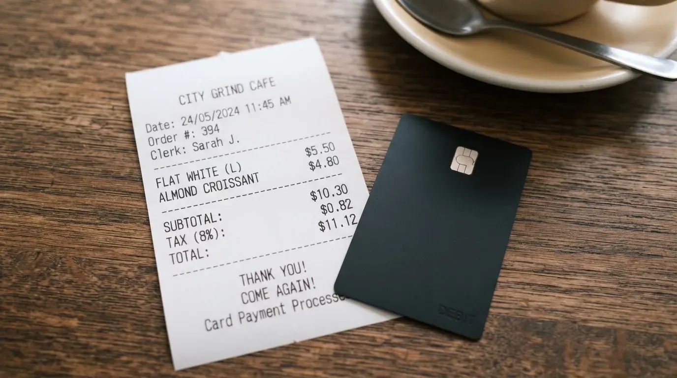 A receipt and a card on a café table