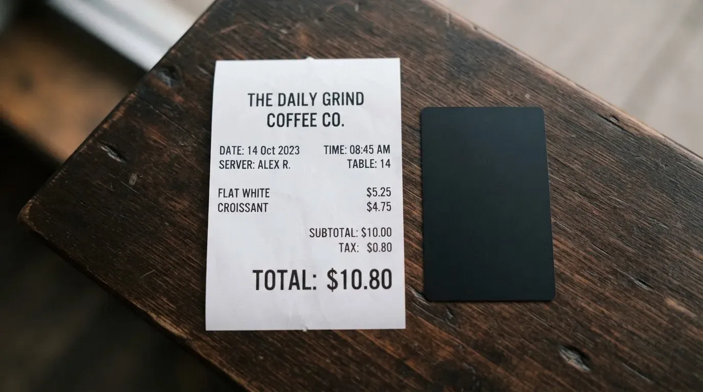 A receipt and a card on a café table