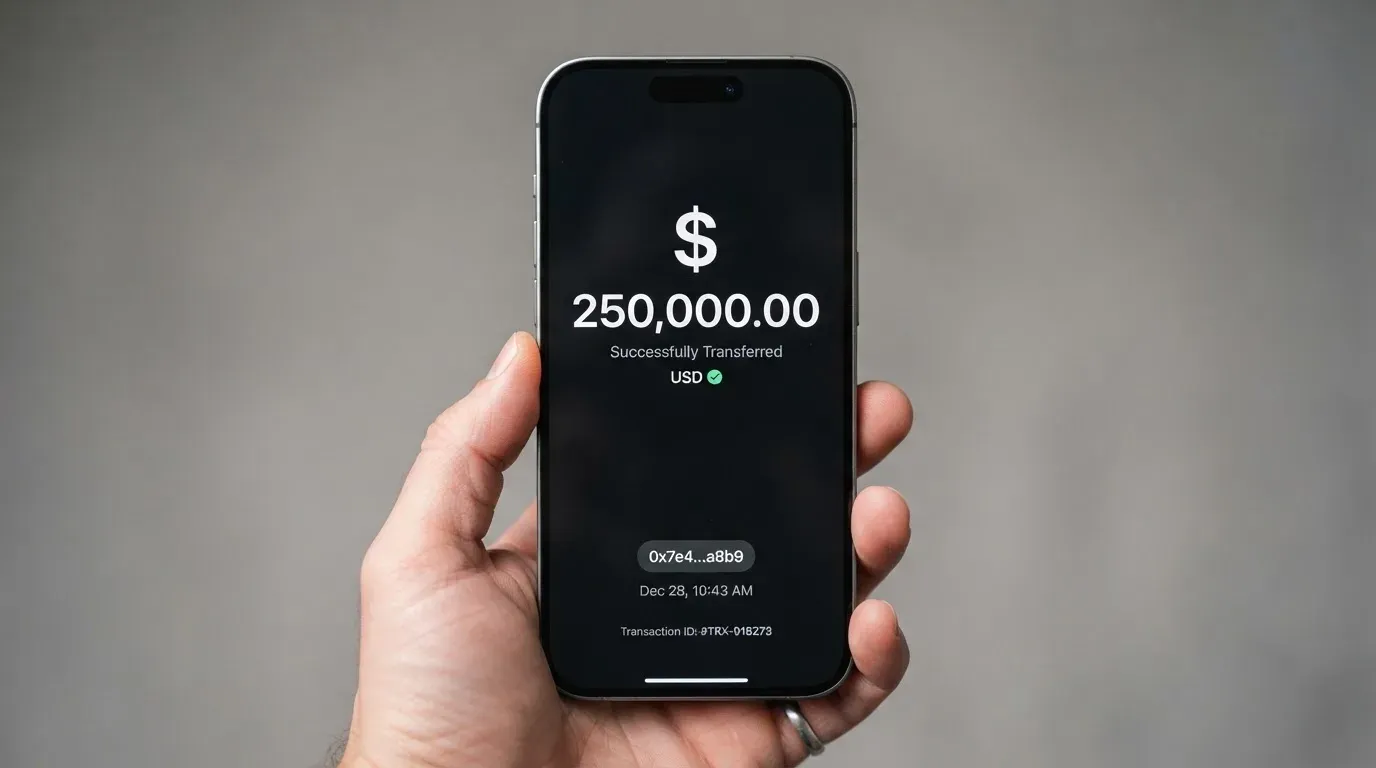 A phone showing a stablecoin transfer screen
