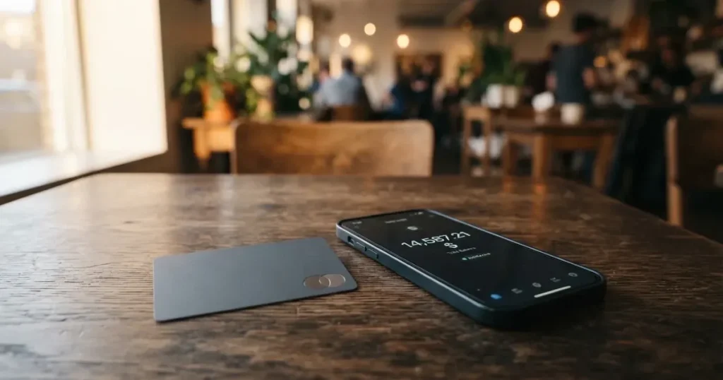 A payment card next to a phone with a crypto wallet app open