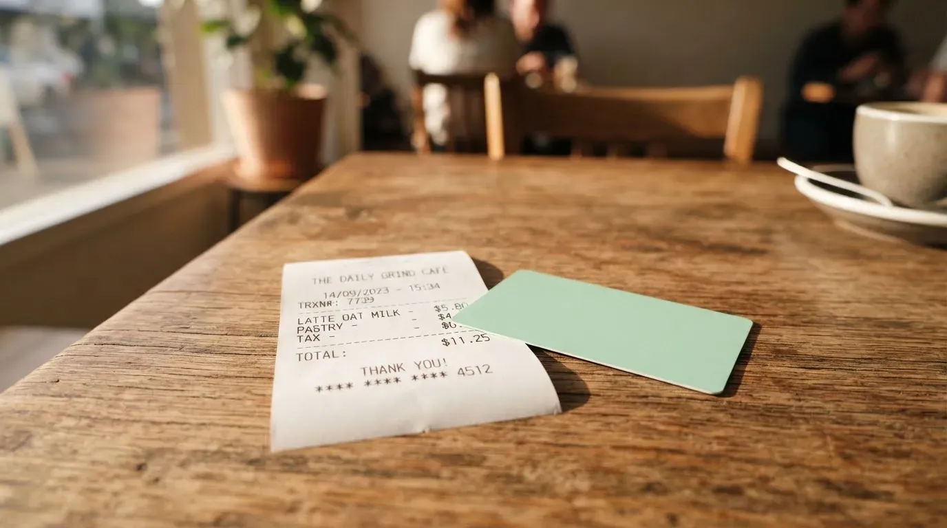 A receipt and a card on a café table