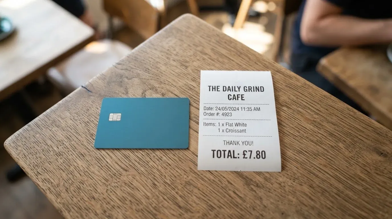 A receipt and a card on a café table