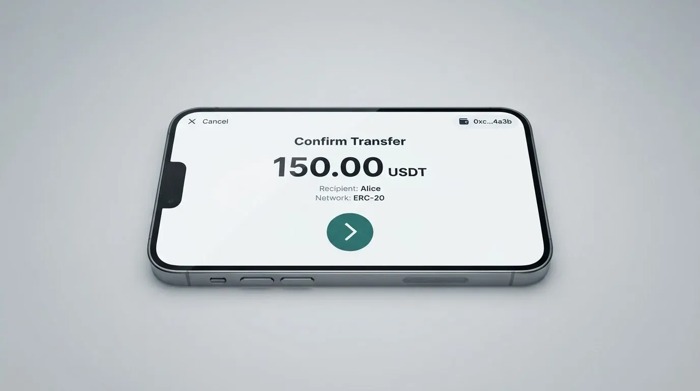 A phone showing a stablecoin transfer screen
