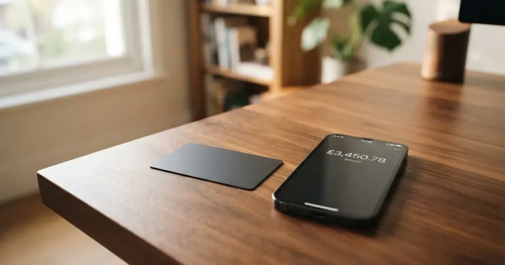 A payment card next to a phone with a crypto wallet app open