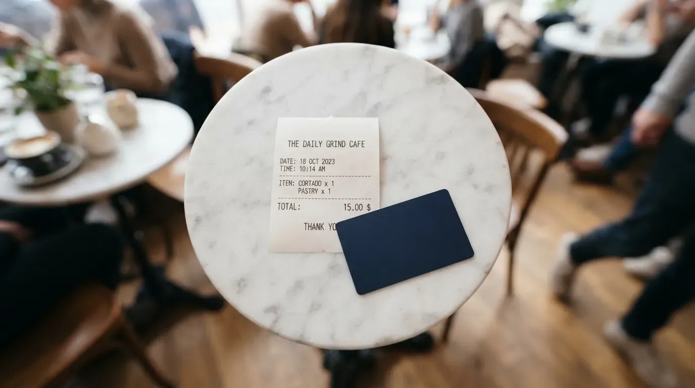 A receipt and a card on a café table