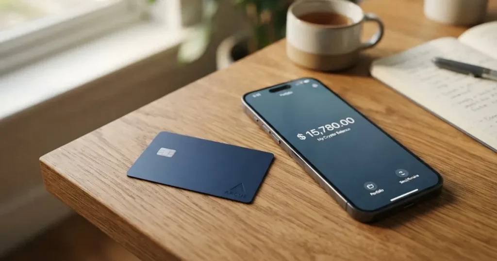 A payment card next to a phone with a crypto wallet app open