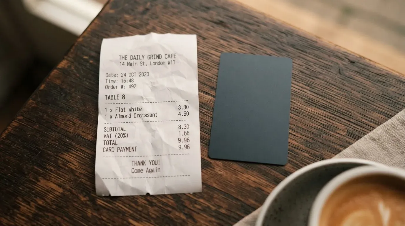 A receipt and a card on a café table