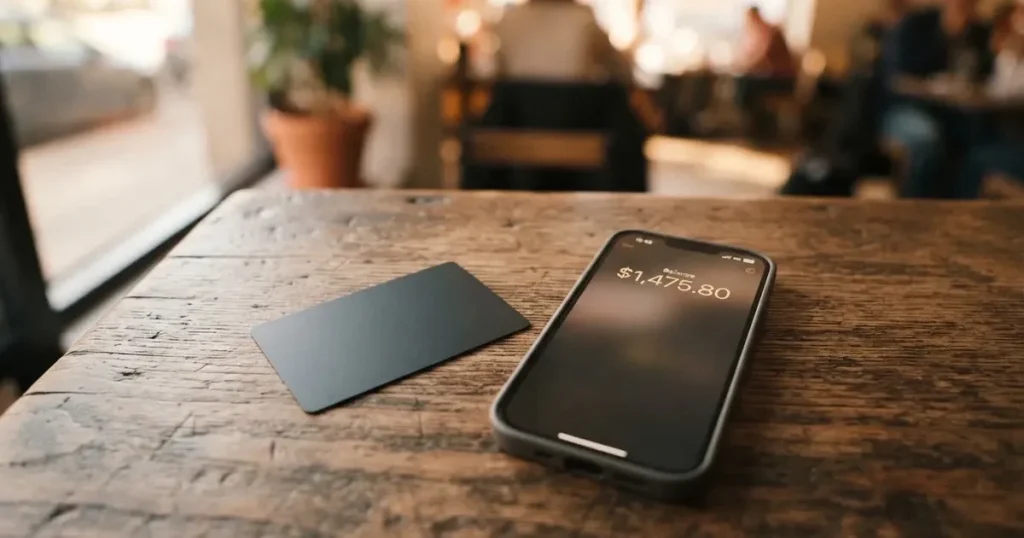 A payment card next to a phone with a crypto wallet app open