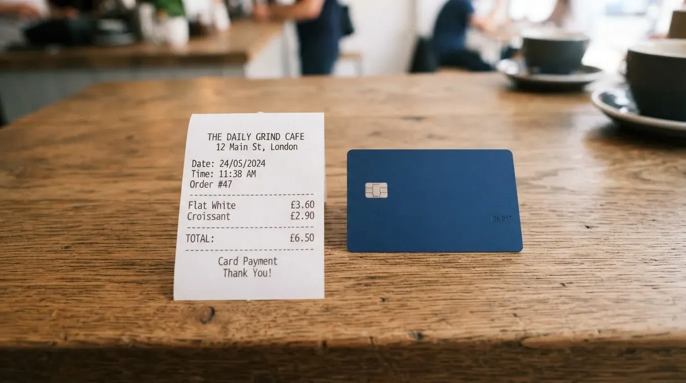A receipt and a card on a café table