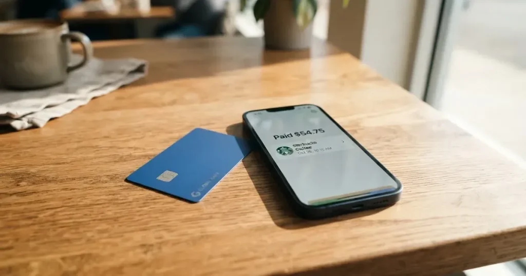 A payment card next to a phone with a crypto wallet app open