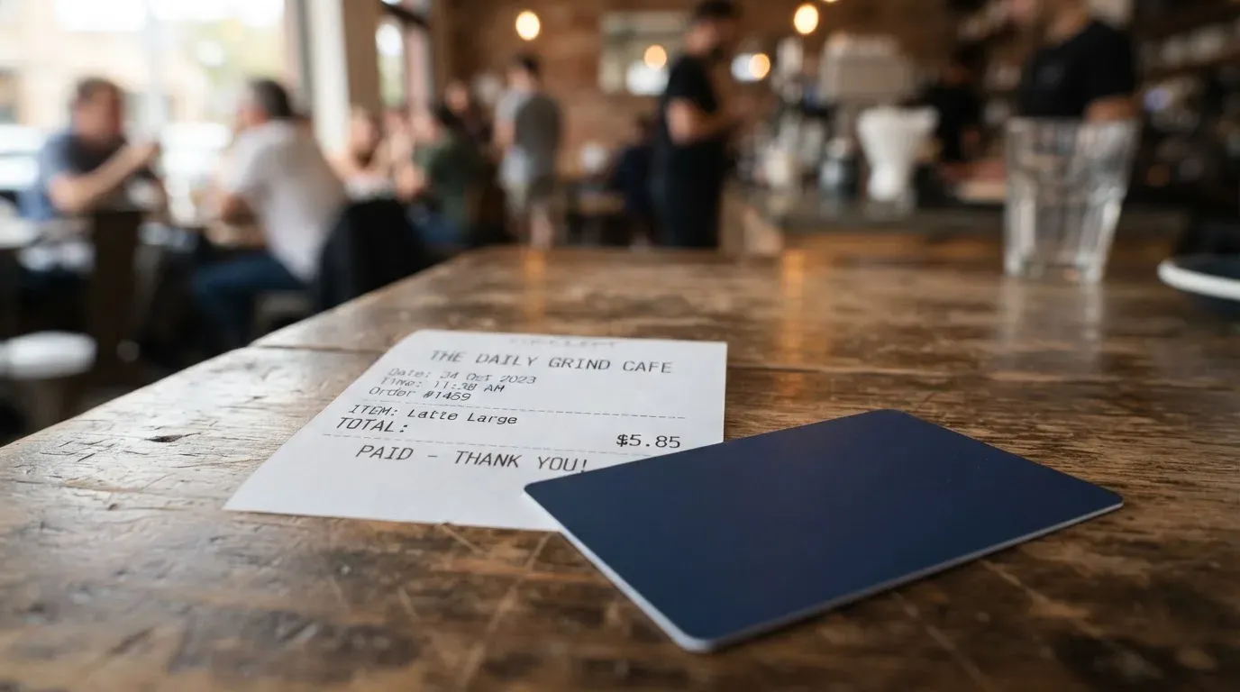 A receipt and a card on a café table