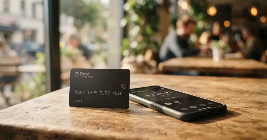 A payment card next to a phone with a crypto wallet app open