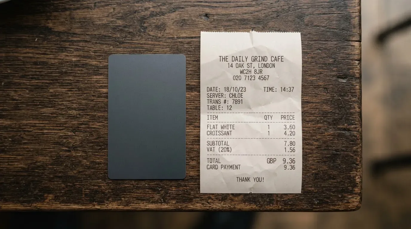 A receipt and a card on a café table