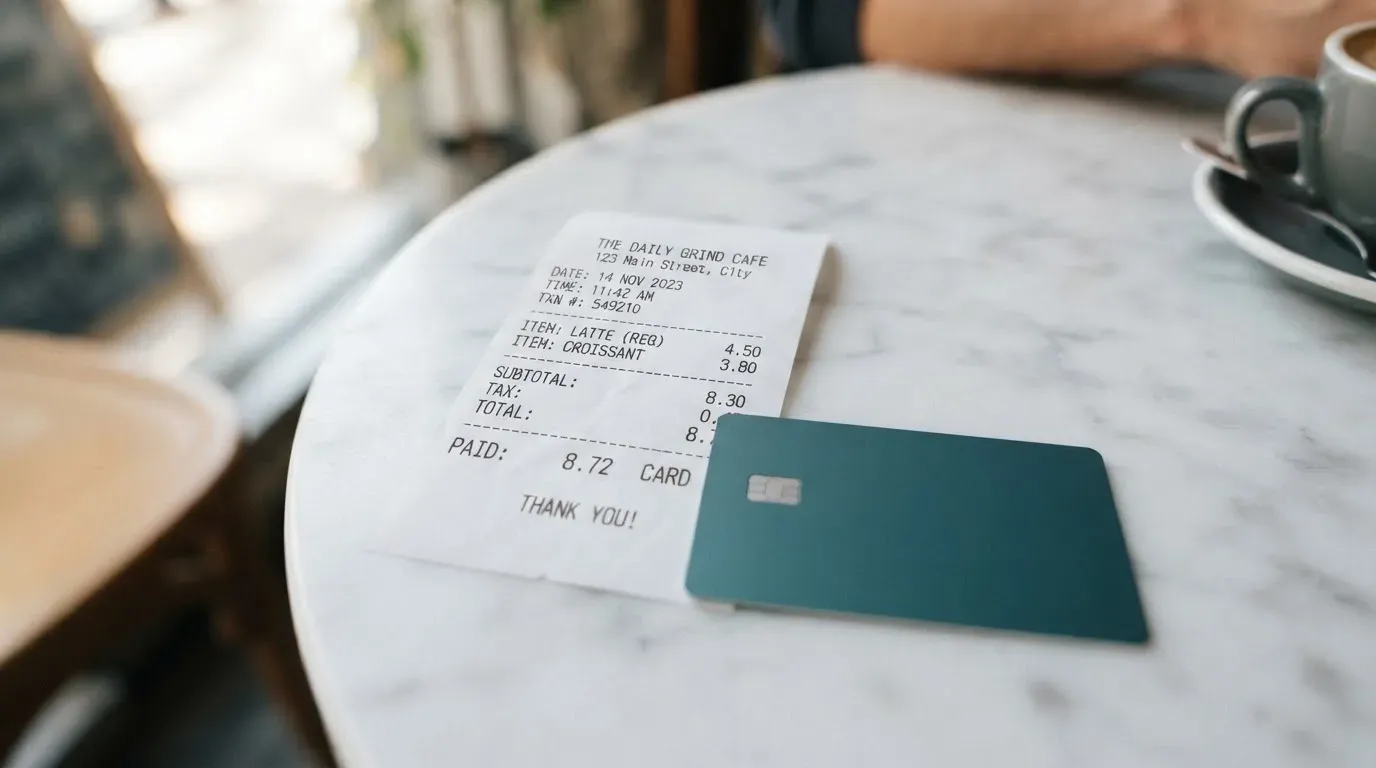 A receipt and a card on a café table