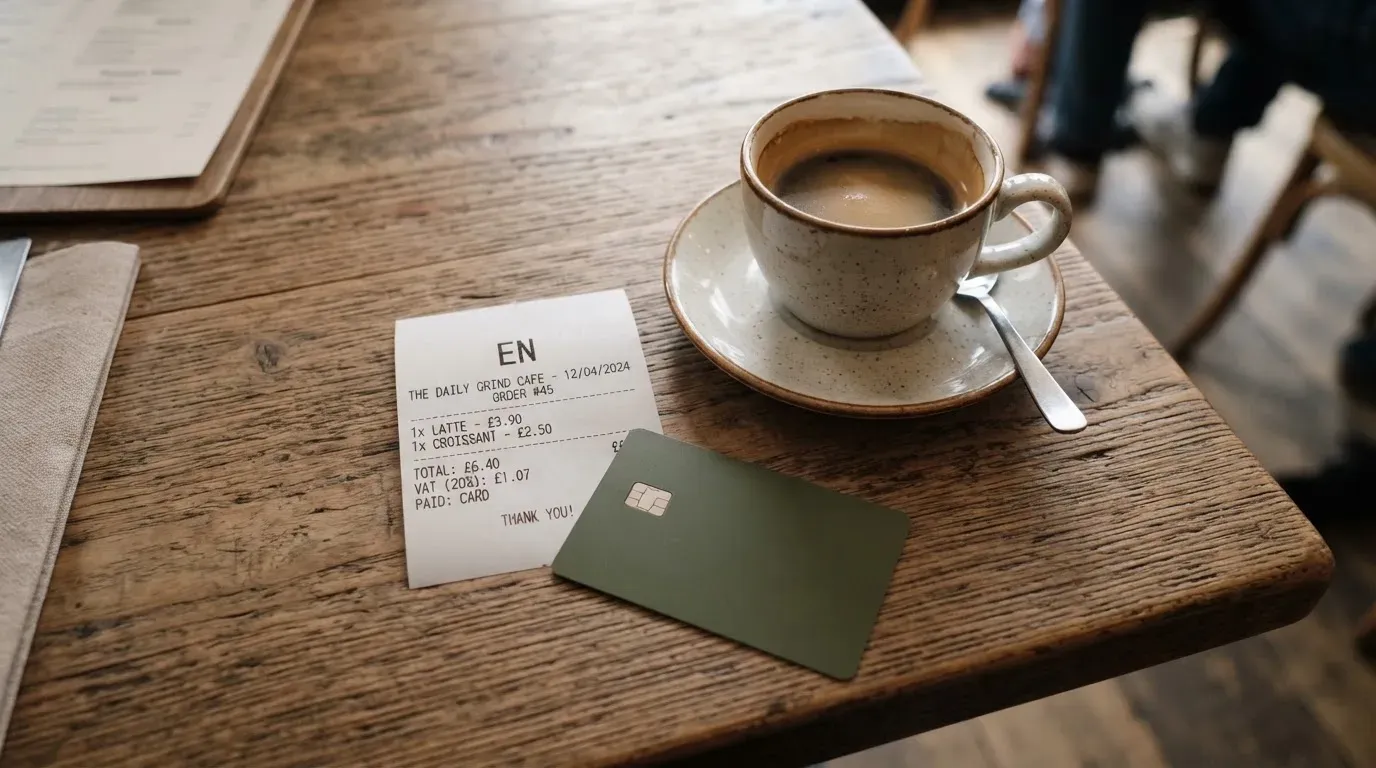 A receipt and a card on a café table
