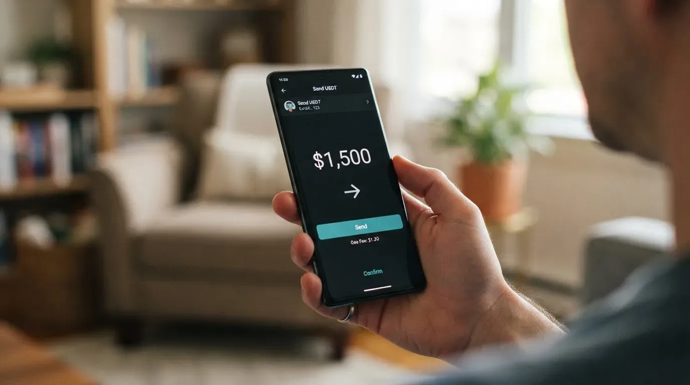 A phone showing a stablecoin transfer screen