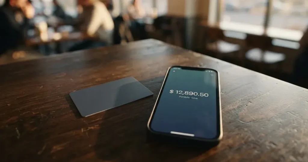 A payment card next to a phone with a crypto wallet app open