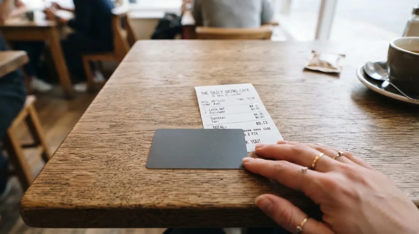 A receipt and a card on a café table