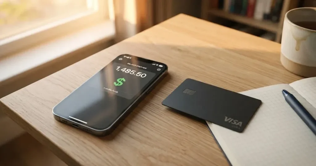 A payment card next to a phone with a crypto wallet app open