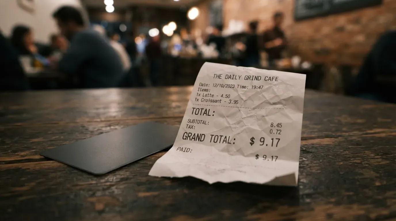 A receipt and a card on a café table