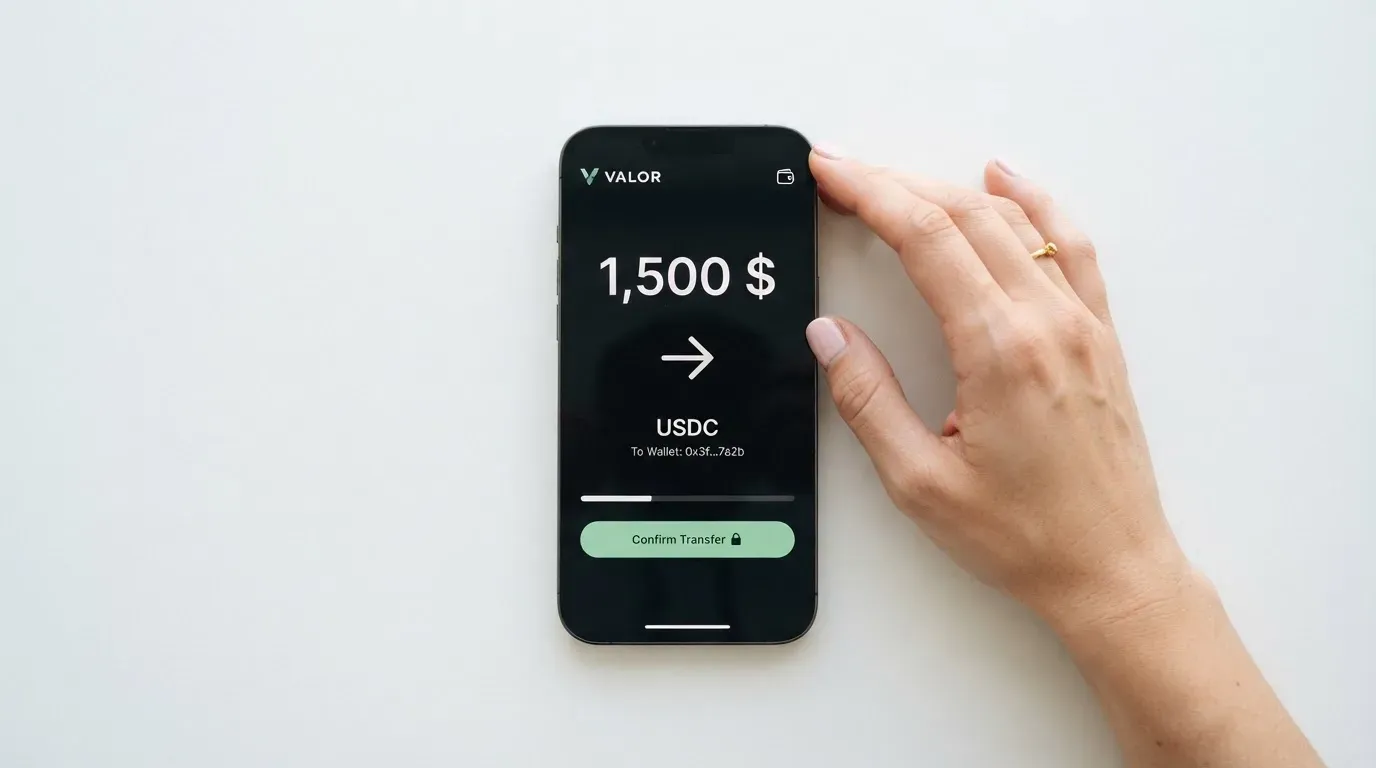 A phone showing a stablecoin transfer screen