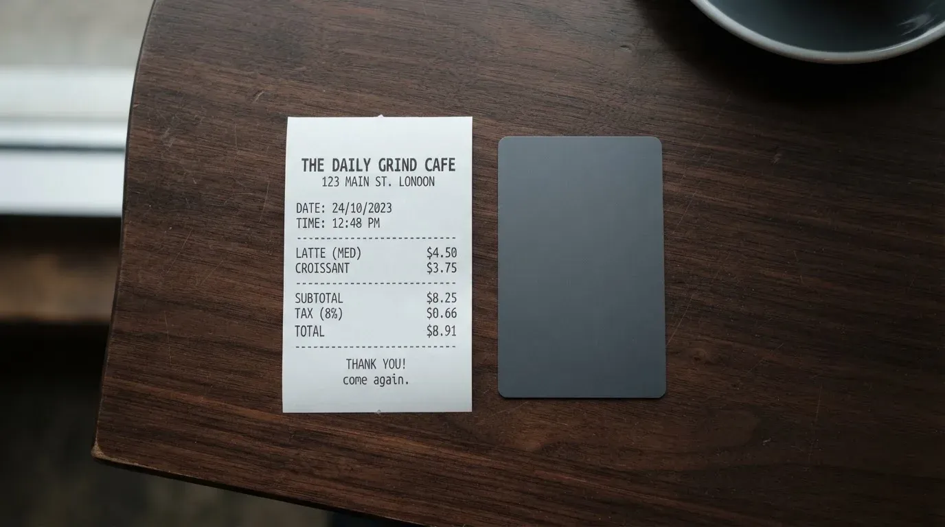 A receipt and a card on a café table