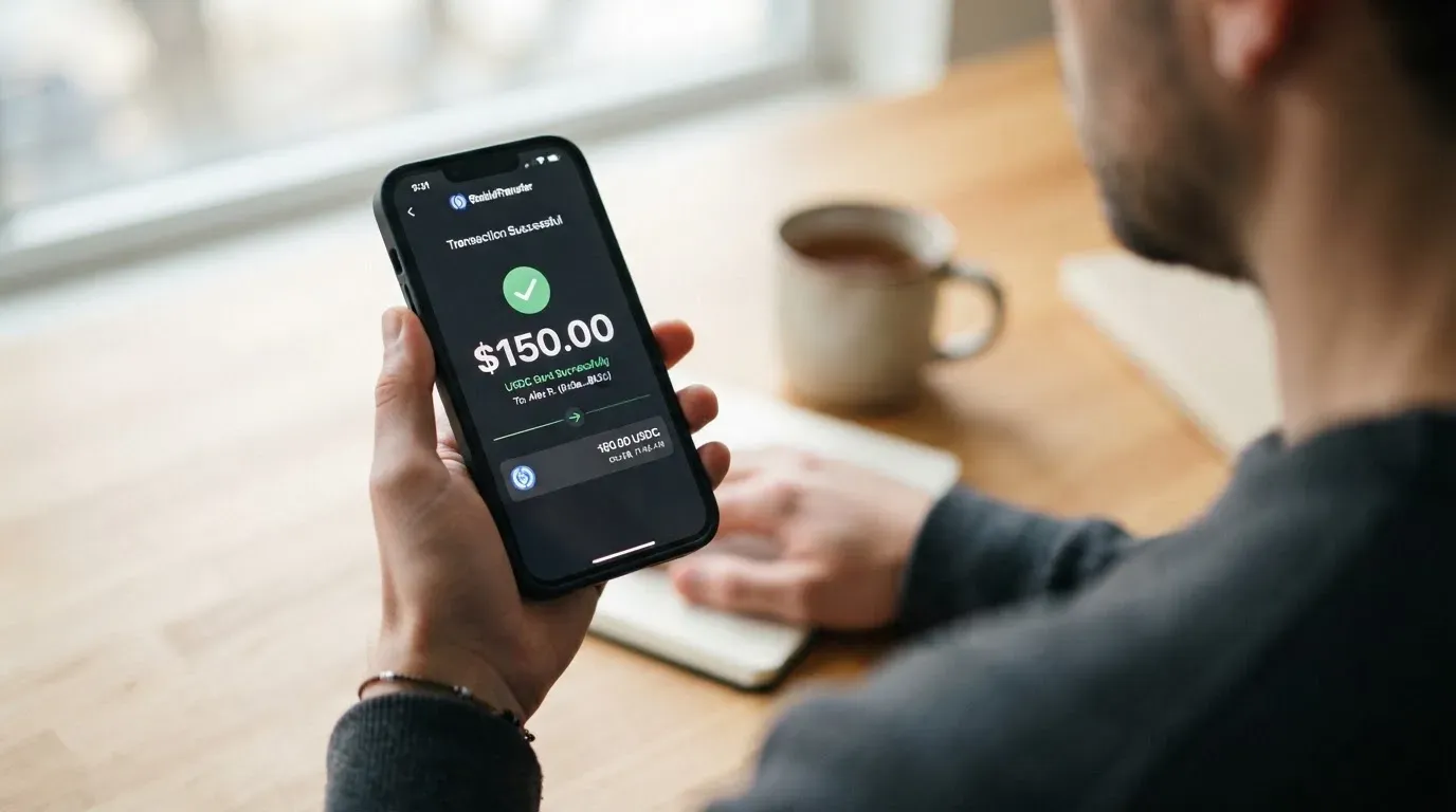 A phone showing a stablecoin transfer screen