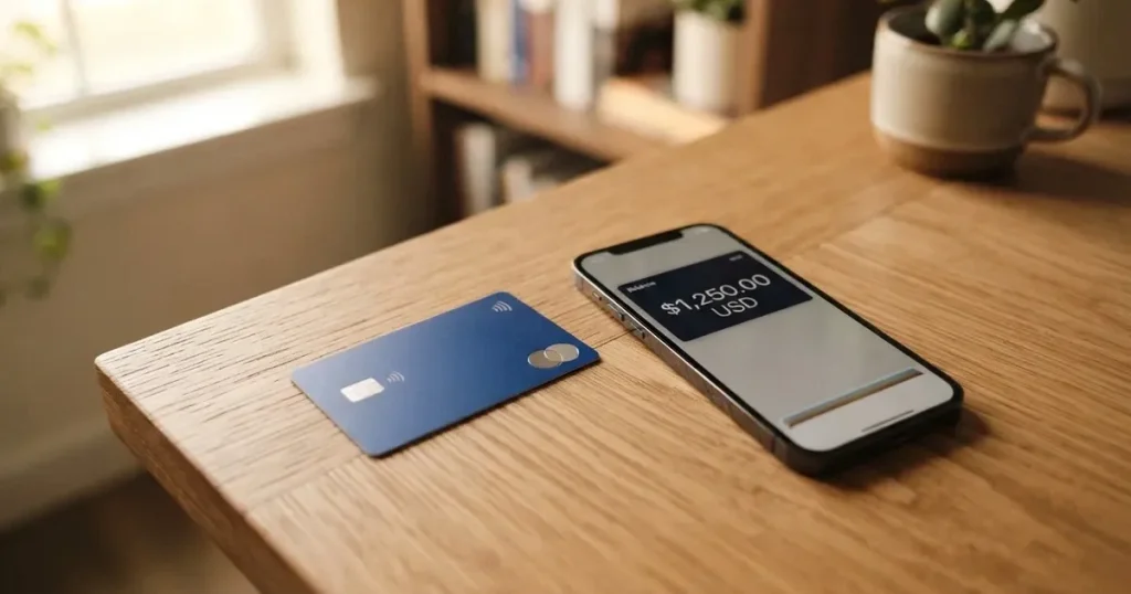 A payment card next to a phone with a crypto wallet app open