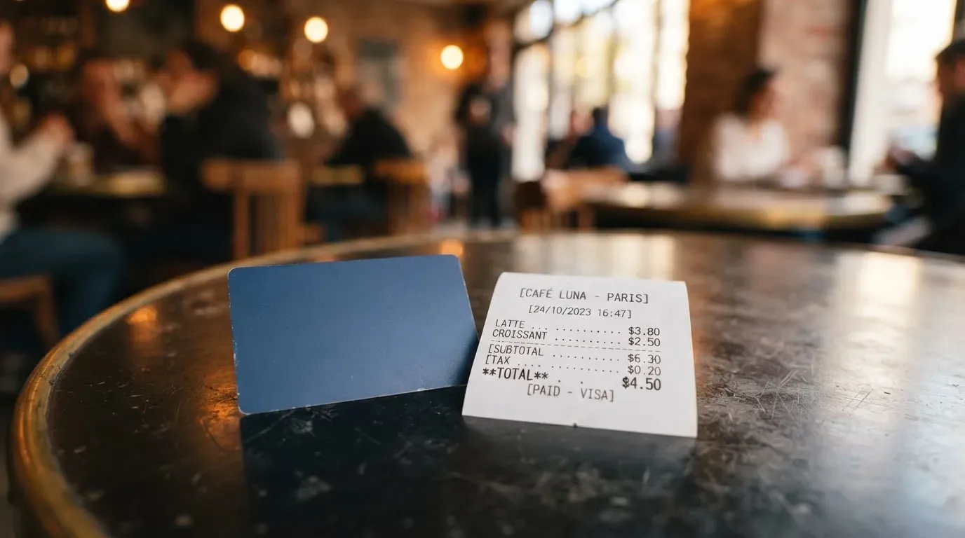 A receipt and a card on a café table