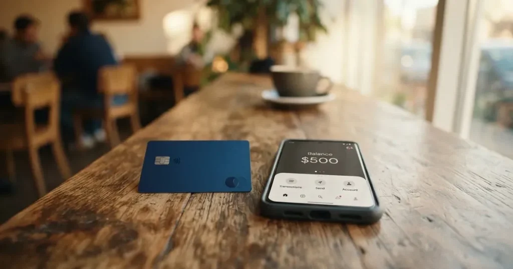 A payment card next to a phone with a crypto wallet app open