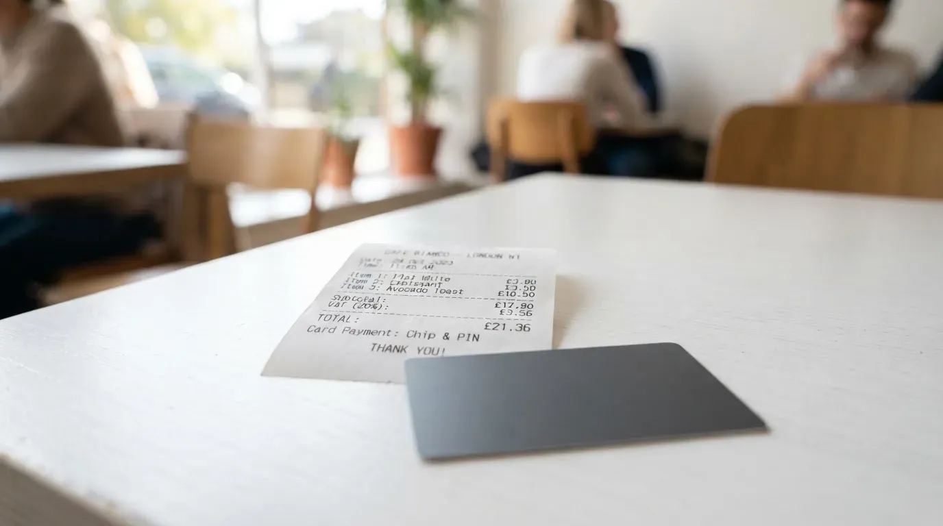 A receipt and a card on a café table