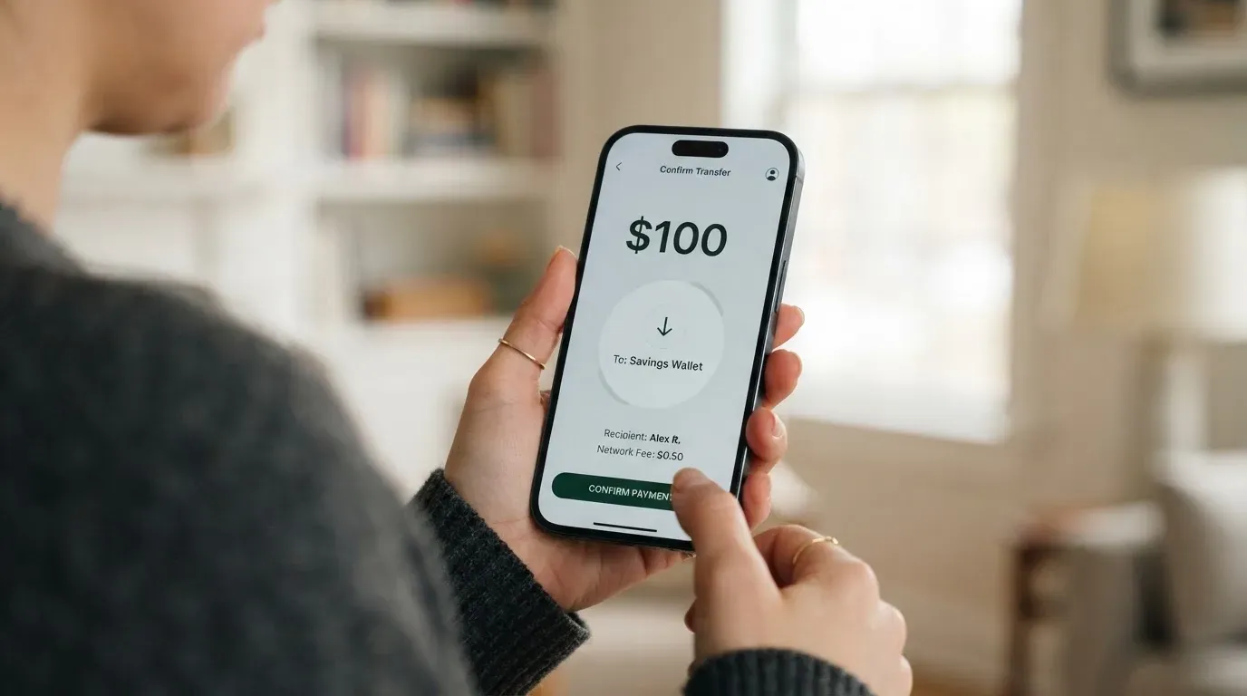 A phone showing a stablecoin transfer screen